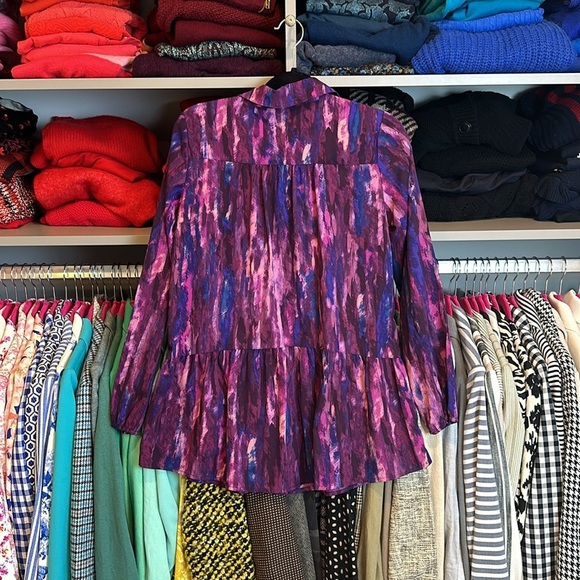 LOGO purple/pink/blue print long sleeve button down peplum style top size XXS - Picture 3 of 3